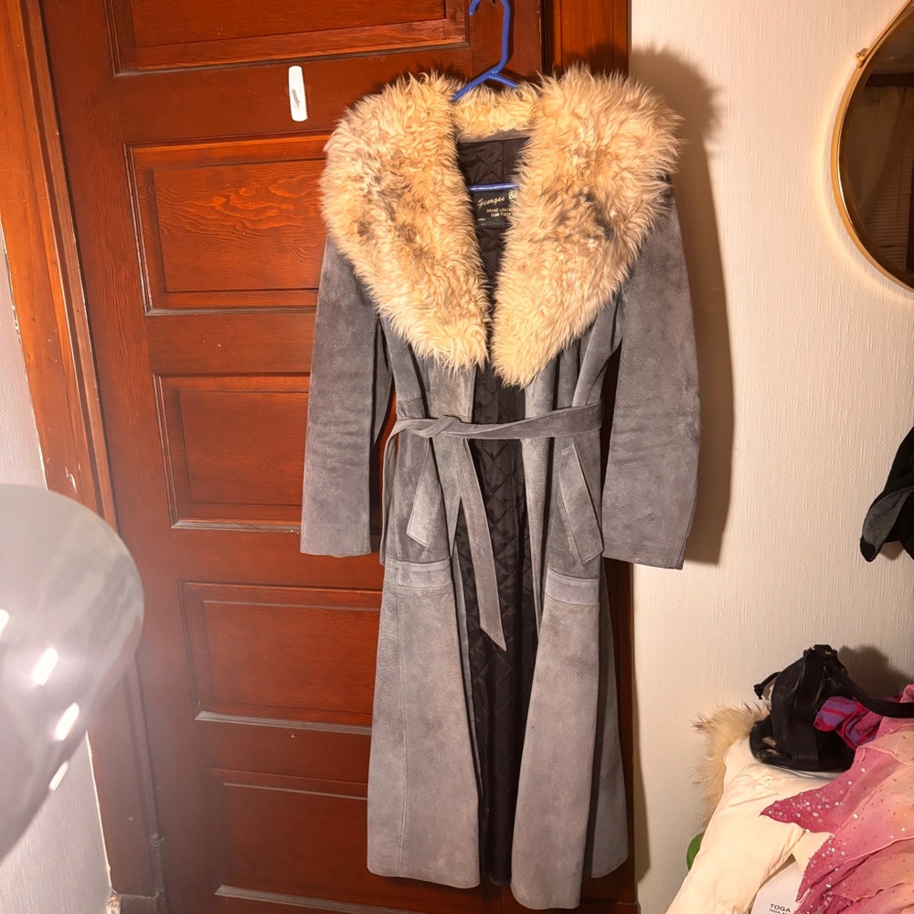 vintage 70s suede and shearling trimmed belted coat